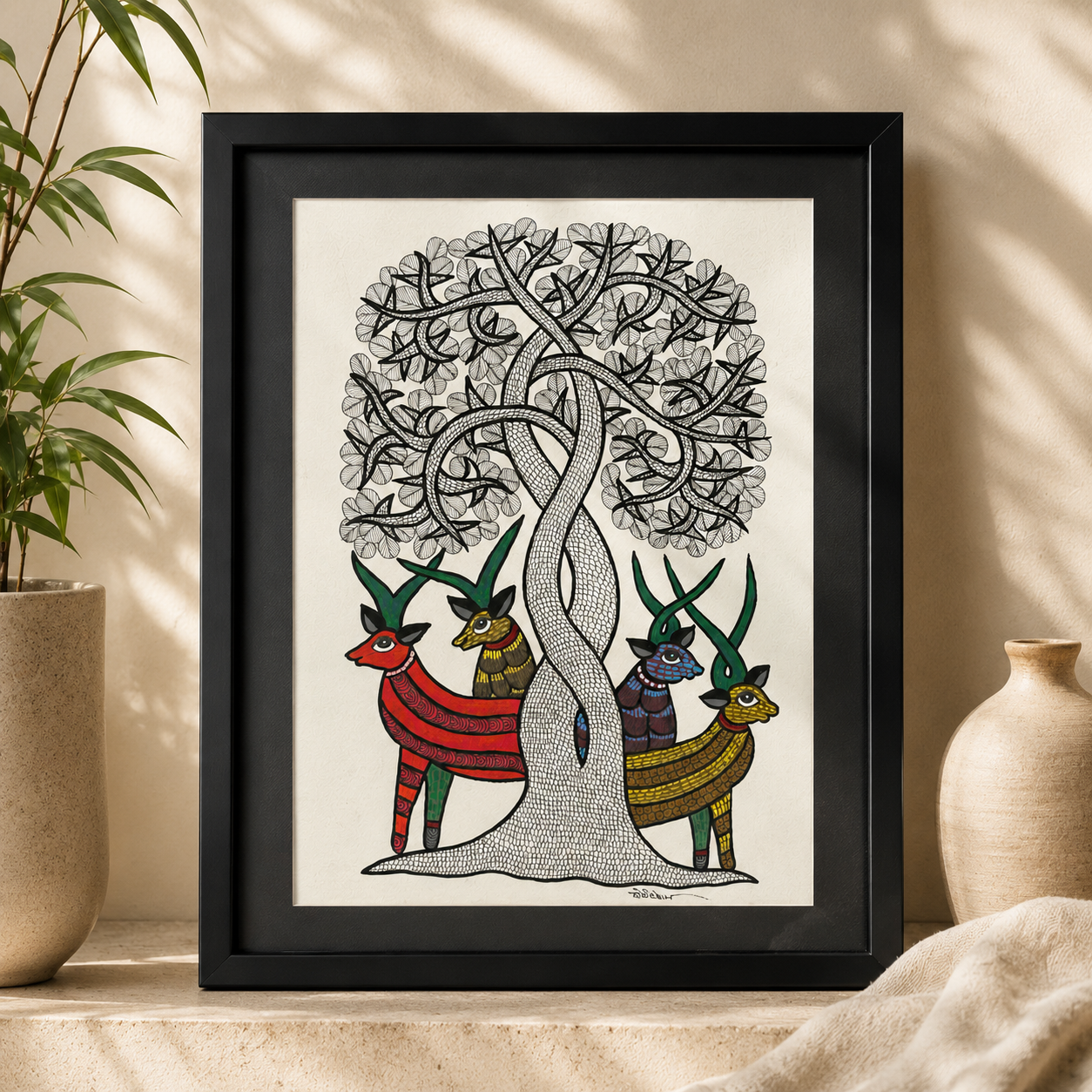 Handcrafted Gond Tree of Life Painting with Deer | Tribal Folk Art | Framed Wall Decor