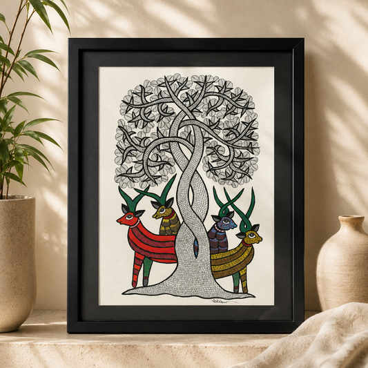 Handcrafted Gond Tree of Life Painting with Deer | Tribal Folk Art | Framed Wall Decor
