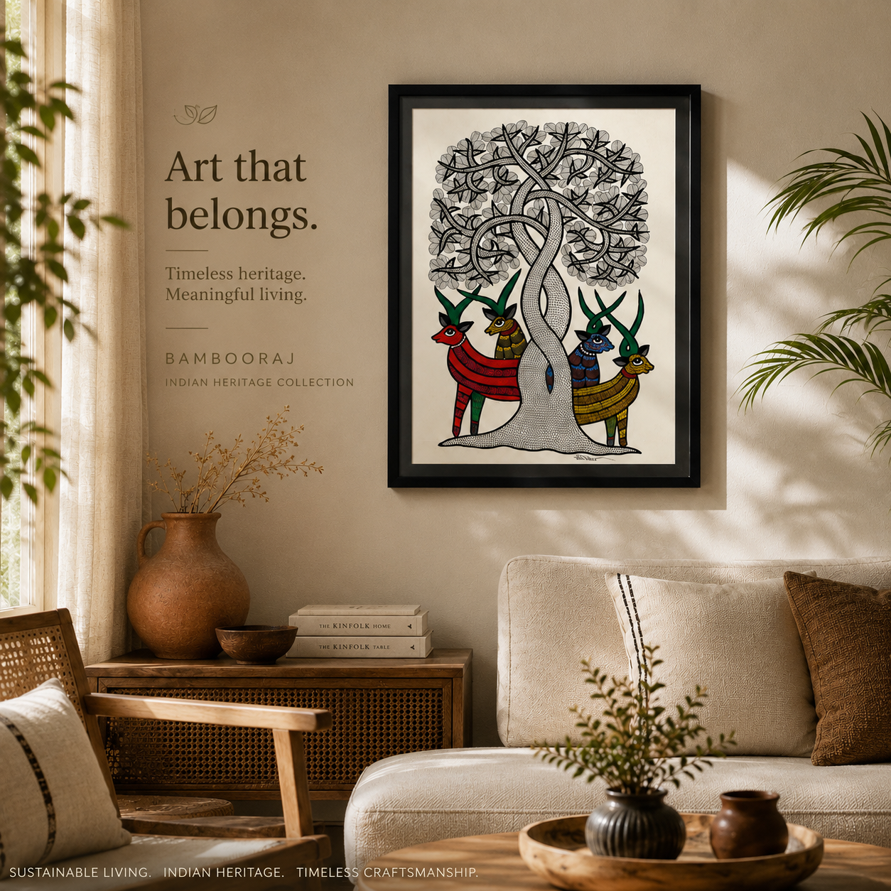 Handcrafted Gond Tree of Life Painting with Deer | Tribal Folk Art | Framed Wall Decor