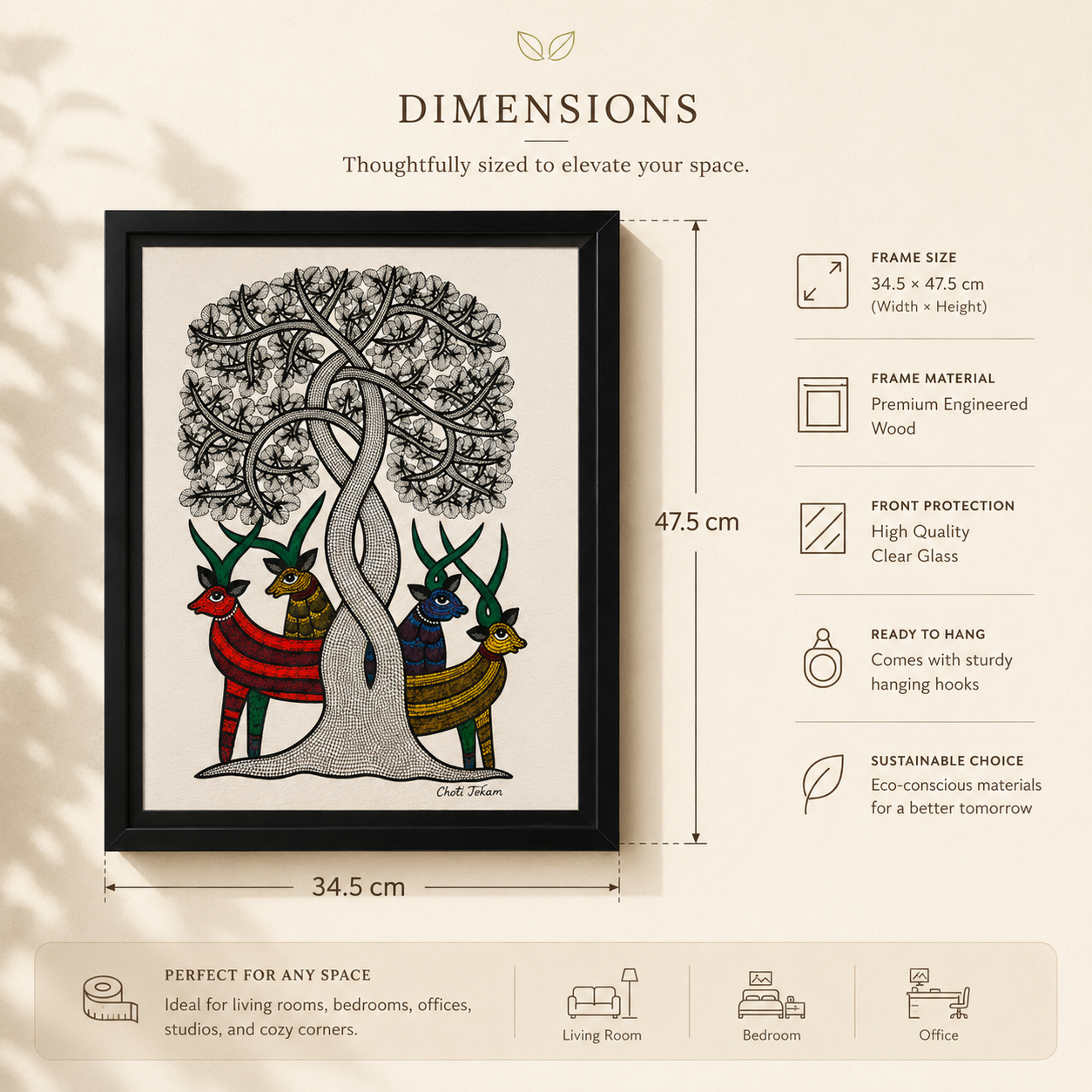 Handcrafted Gond Tree of Life Painting with Deer | Tribal Folk Art | Framed Wall Decor