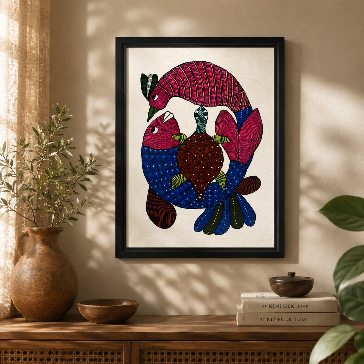 Handcrafted Gond Fish & Turtle Painting | Original Tribal Folk Art | Framed Wall Decor