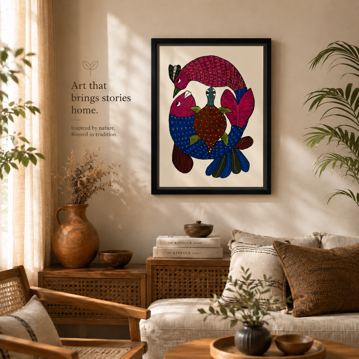 Handcrafted Gond Fish & Turtle Painting | Original Tribal Folk Art | Framed Wall Decor