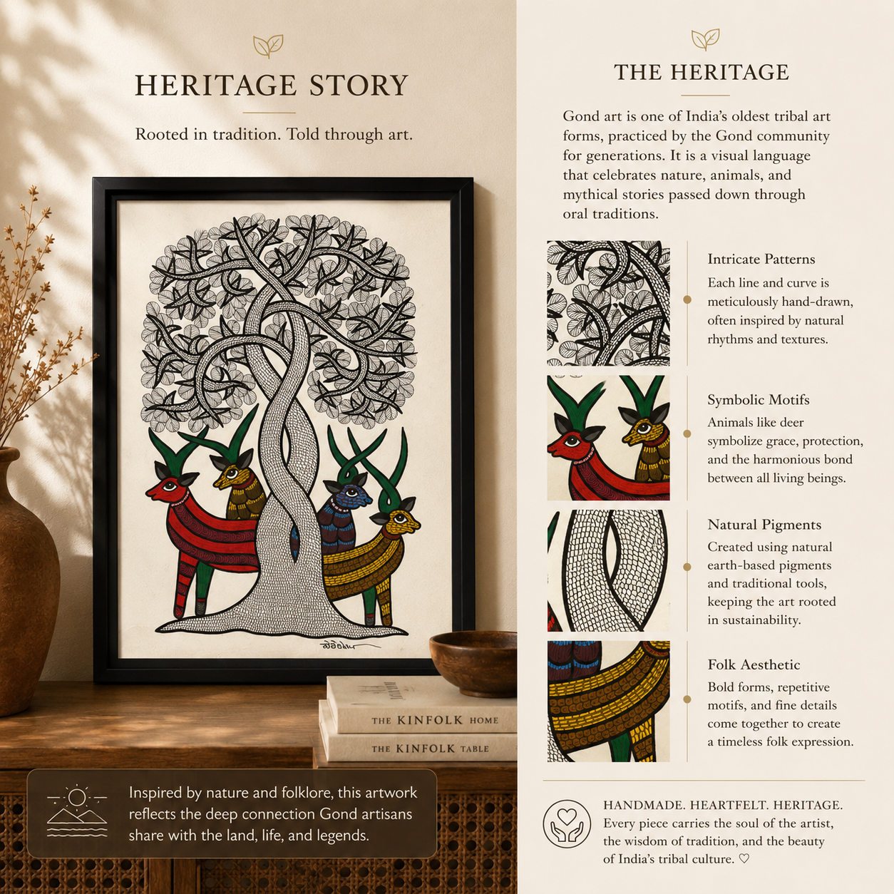 Handcrafted Gond Tree of Life Painting with Deer | Tribal Folk Art | Framed Wall Decor