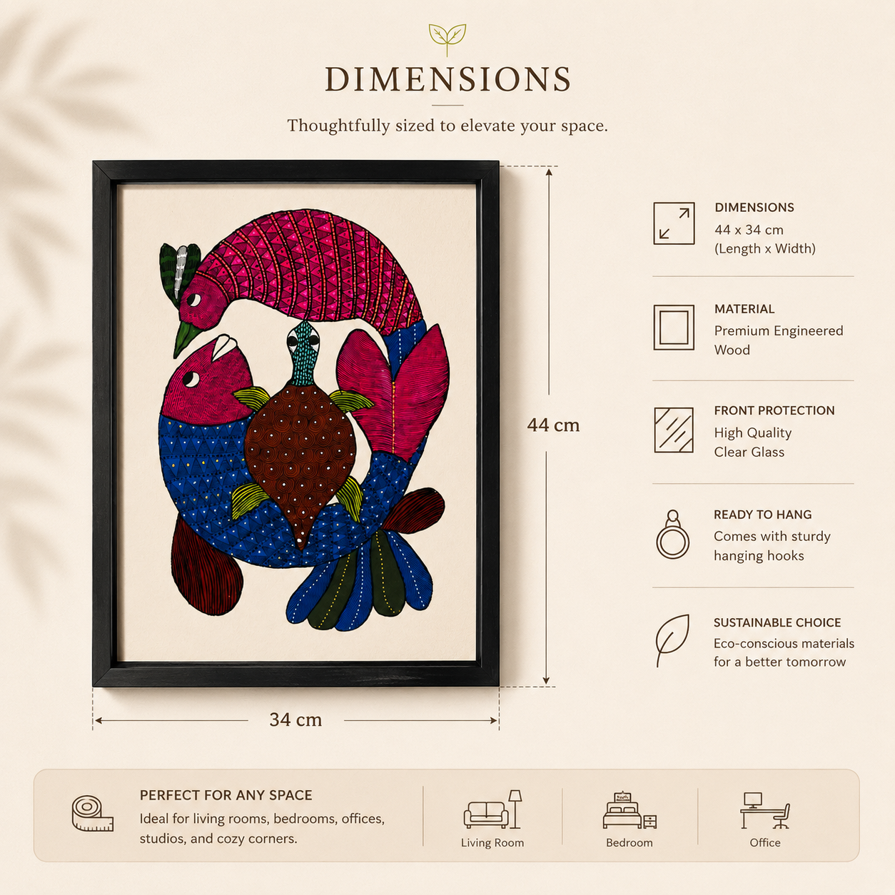 Handcrafted Gond Fish & Turtle Painting | Original Tribal Folk Art | Framed Wall Decor