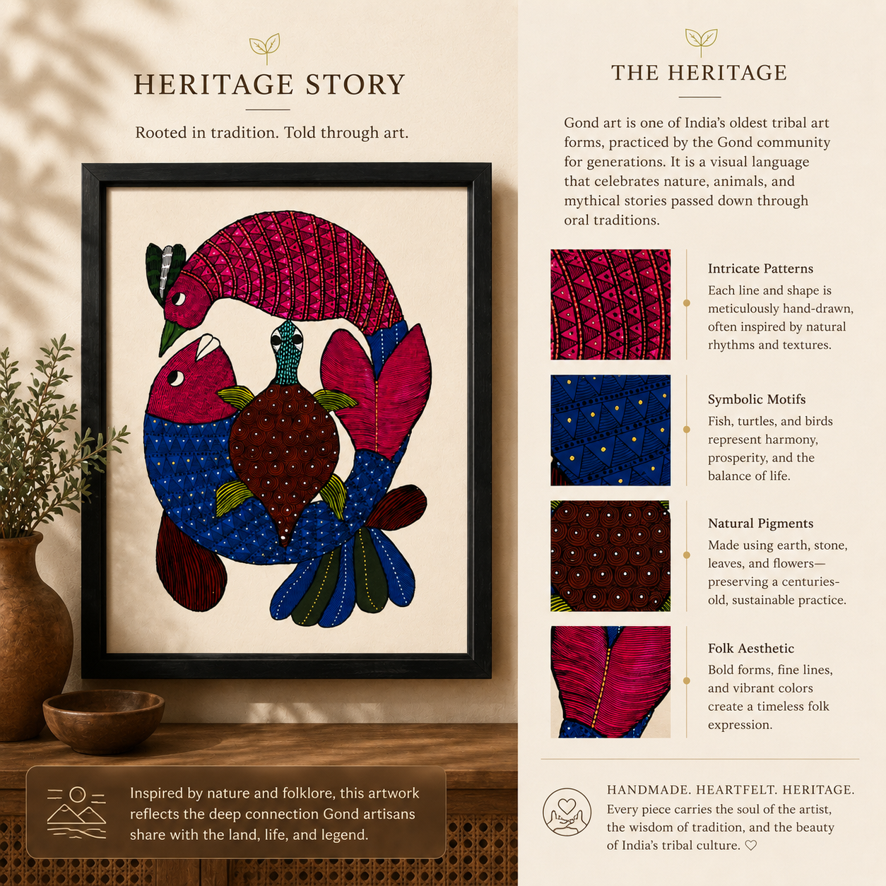 Handcrafted Gond Fish & Turtle Painting | Original Tribal Folk Art | Framed Wall Decor