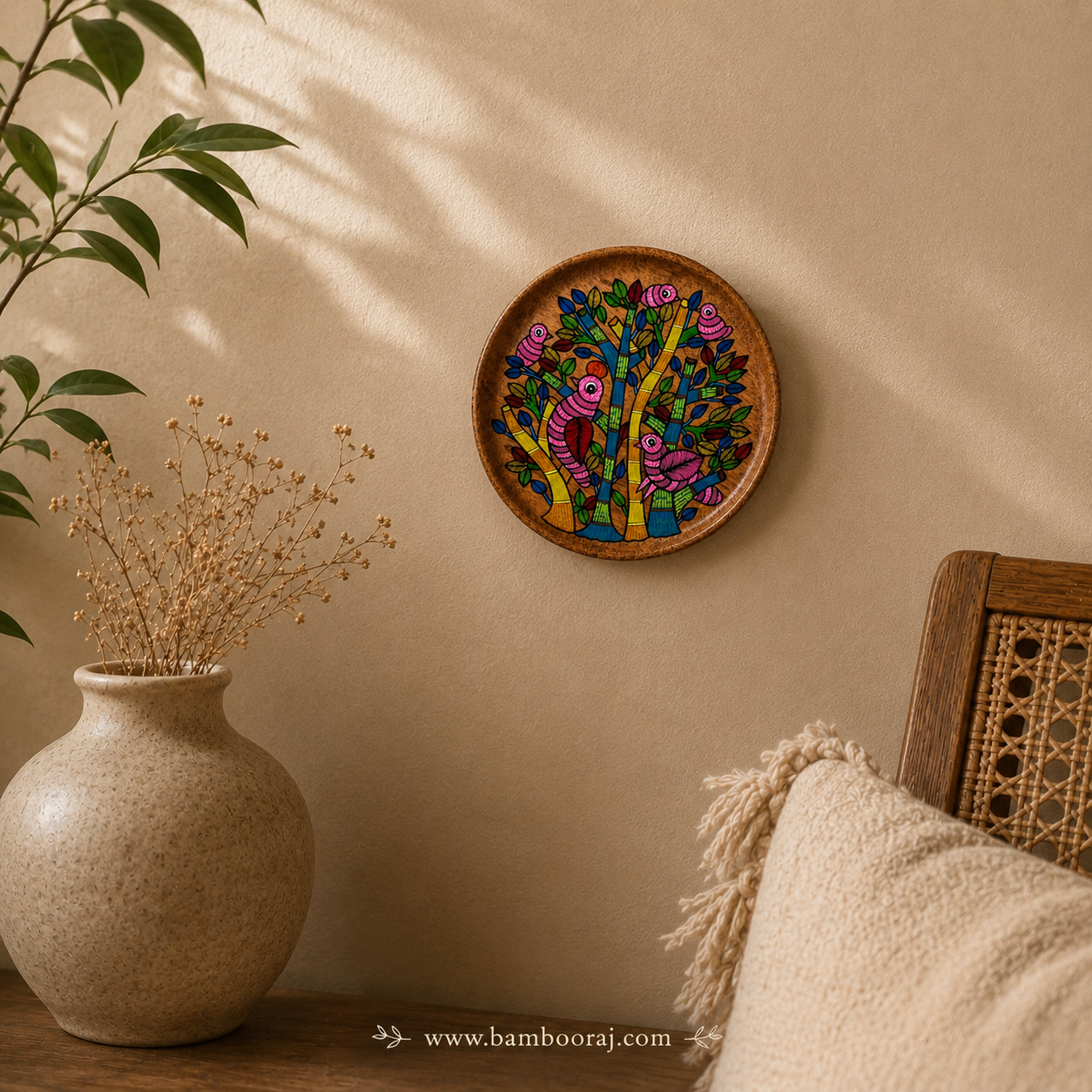Handpainted Wooden Wall Plate with Gond Birds Art | 10 Decorative Wall Hanging