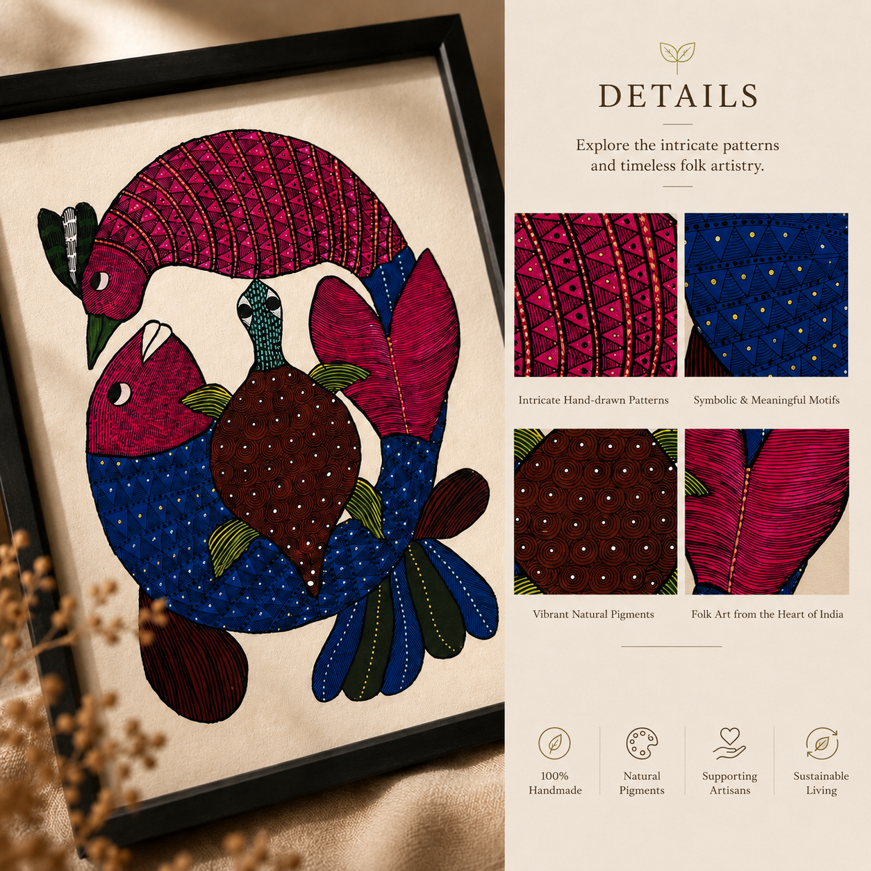 Handcrafted Gond Fish & Turtle Painting | Original Tribal Folk Art | Framed Wall Decor