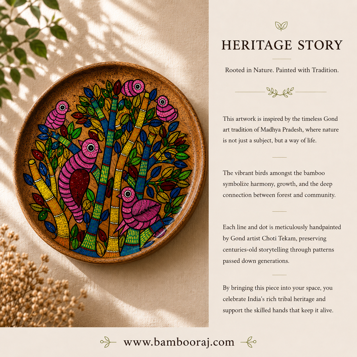 Handpainted Wooden Wall Plate with Gond Birds Art | 10 Decorative Wall Hanging