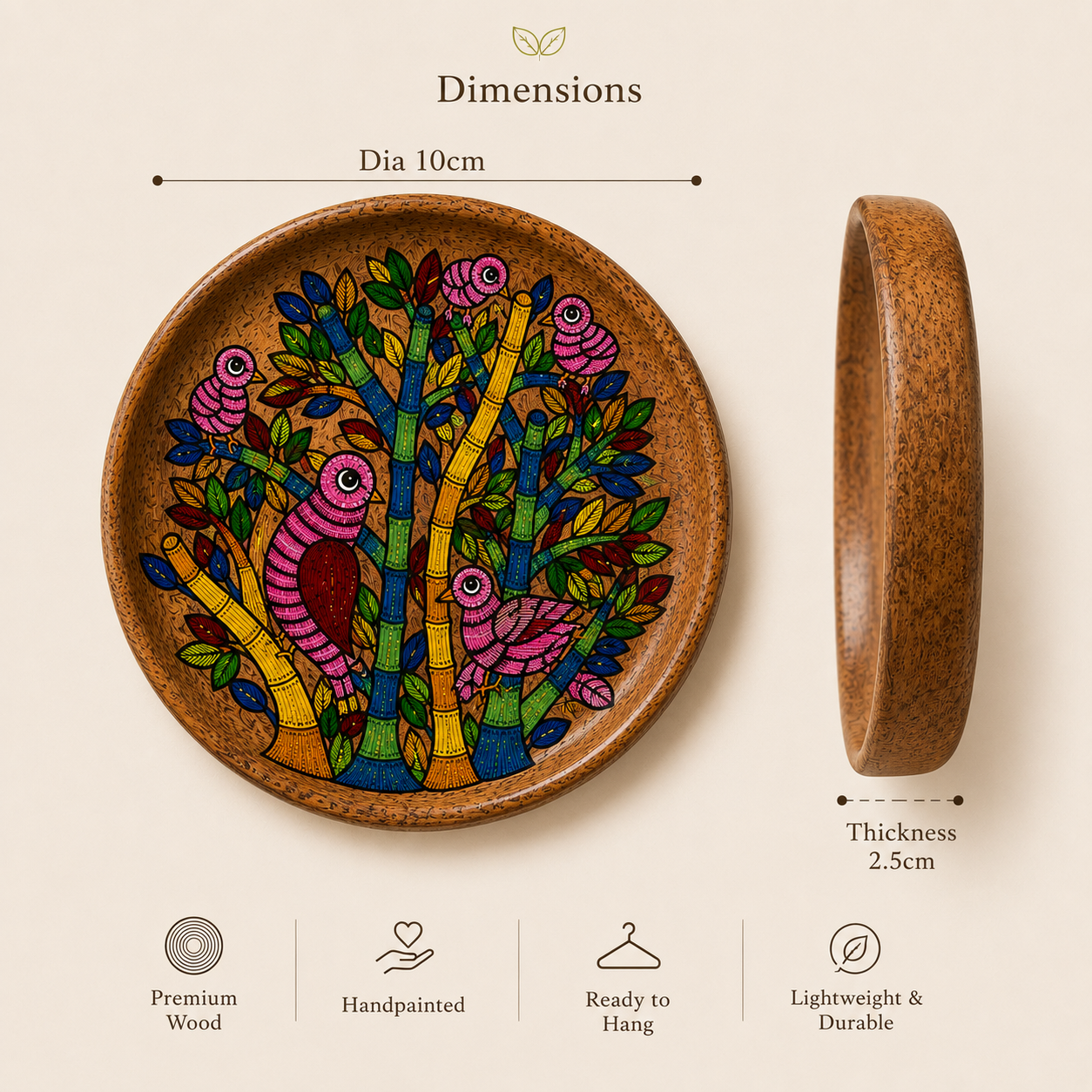 Handpainted Wooden Wall Plate with Gond Birds Art | 10 Decorative Wall Hanging