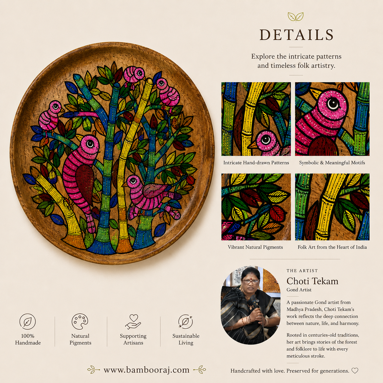 Handpainted Wooden Wall Plate with Gond Birds Art | 10 Decorative Wall Hanging