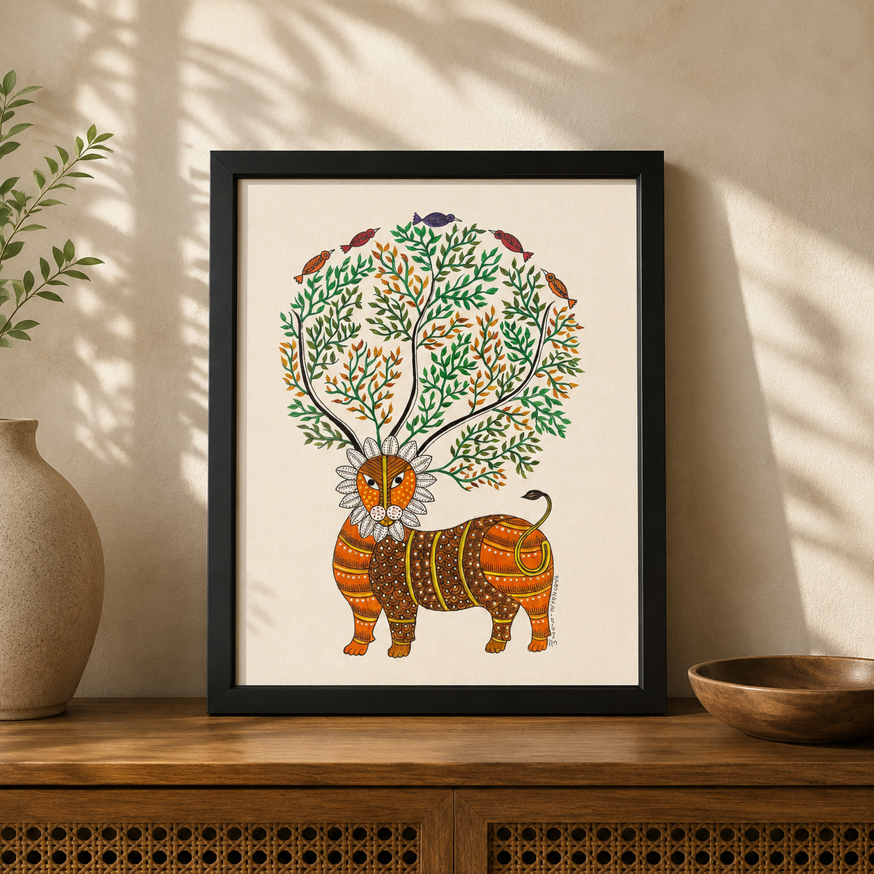Tree of Life Guardian | Original Handcrafted Lion Painting | Premium Tribal Wall Art by Bambooraj