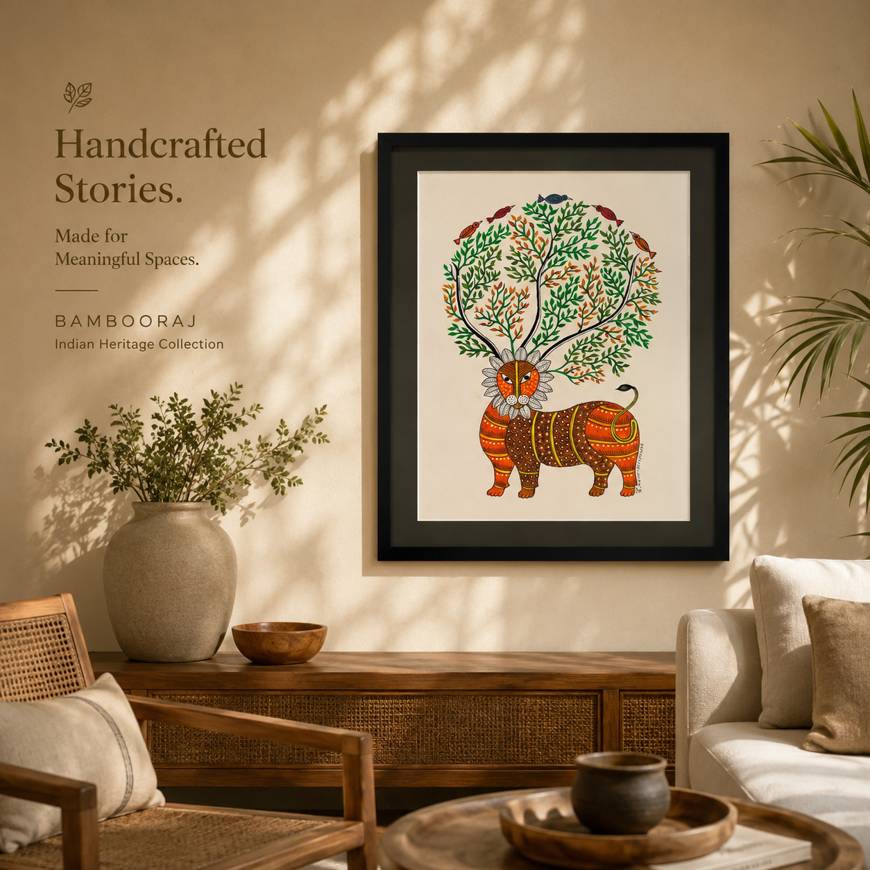Tree of Life Guardian | Original Handcrafted Lion Painting | Premium Tribal Wall Art by Bambooraj