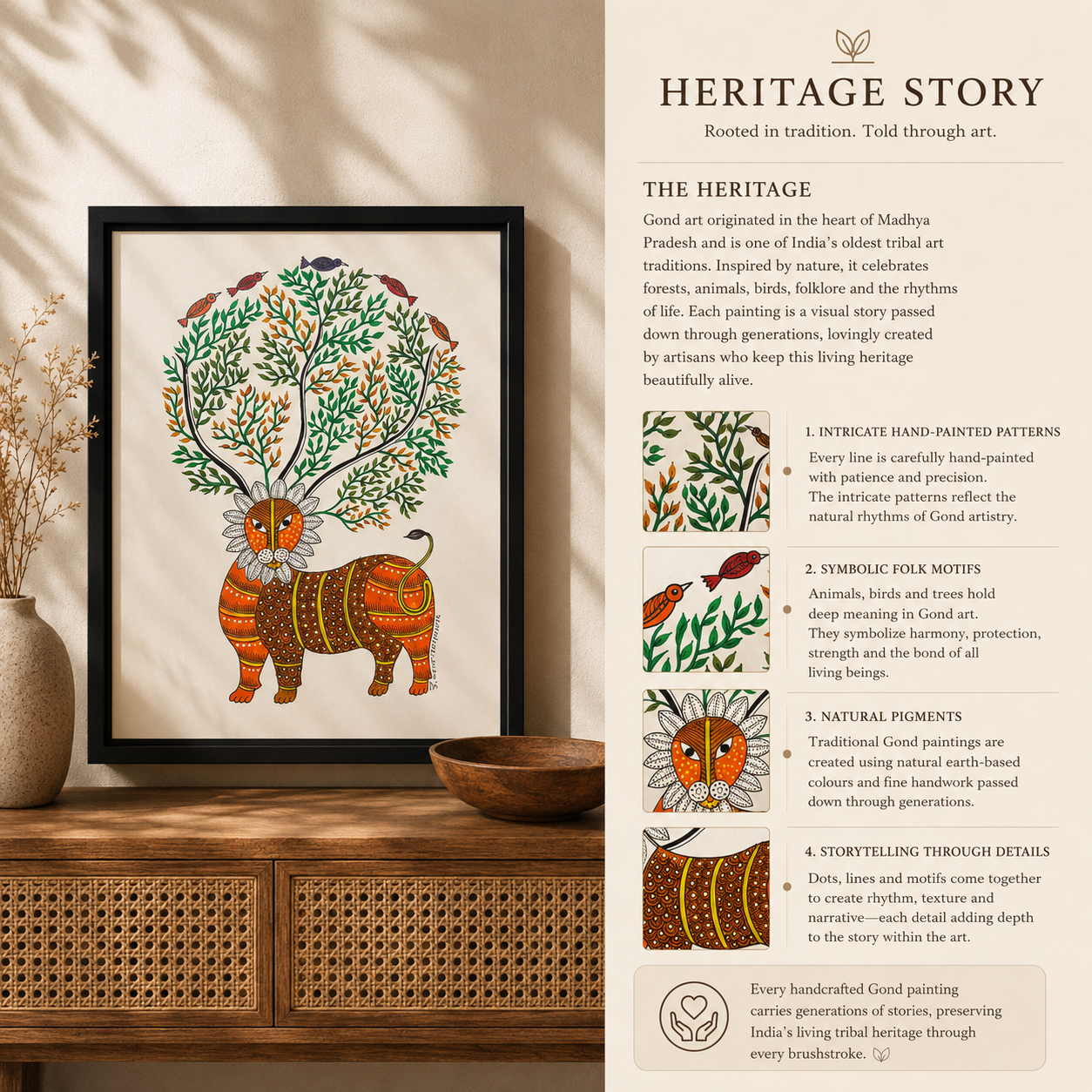 Tree of Life Guardian | Original Handcrafted Lion Painting | Premium Tribal Wall Art by Bambooraj