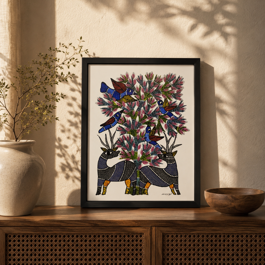 Original Handcrafted Painting | Premium Tribal Wall Art | Harmony Beneath the Blossoms