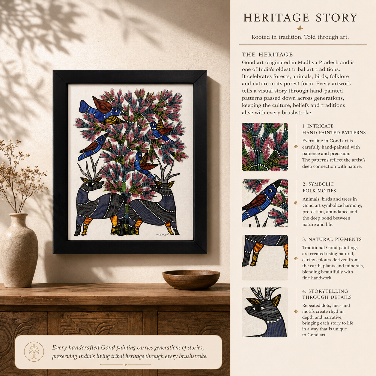 Original Handcrafted Painting | Premium Tribal Wall Art | Harmony Beneath the Blossoms