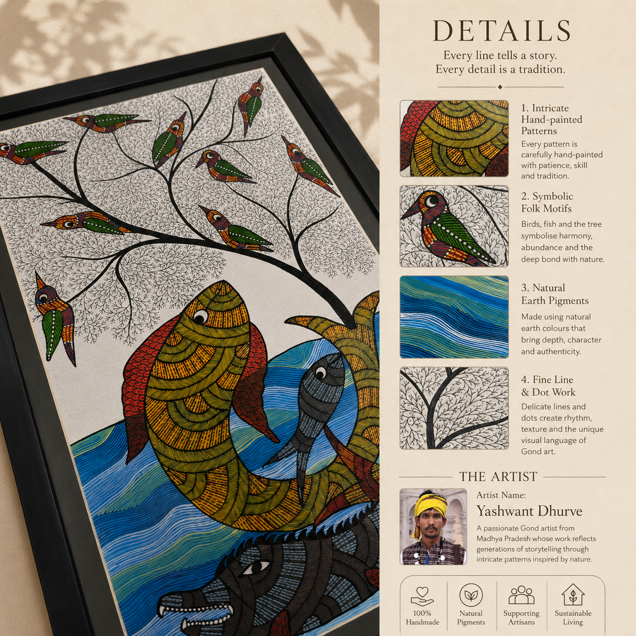 River of Life | Original Handcrafted Gond Painting | Premium Wall Art by Bambooraj