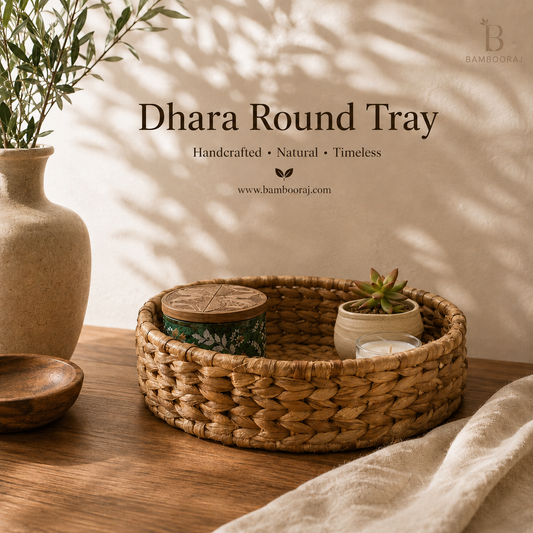 Decorative Storage Basket | Handwoven Water Hyacinth Round Tray | Multipurpose