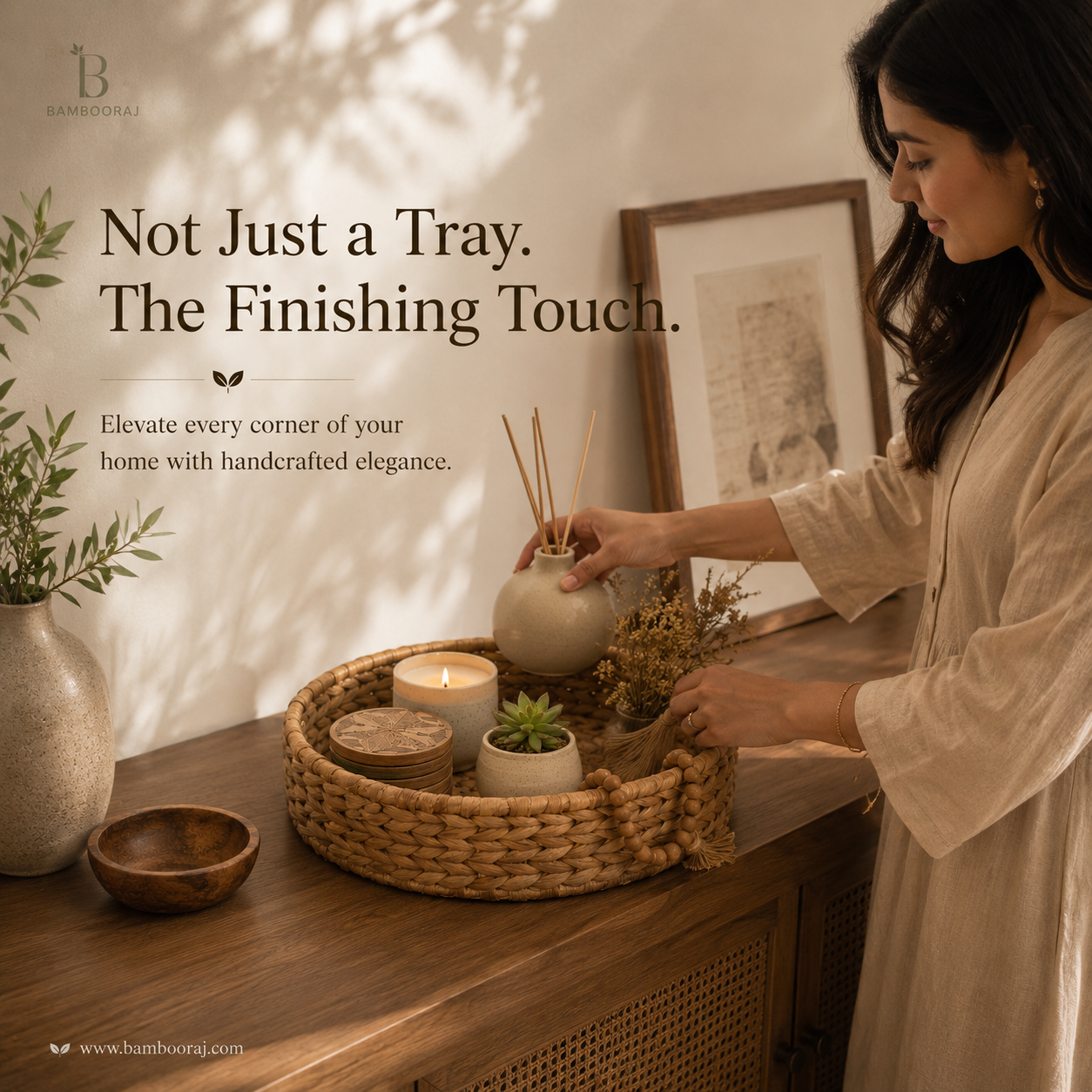 Decorative Storage Basket | Handwoven Water Hyacinth Round Tray | Multipurpose