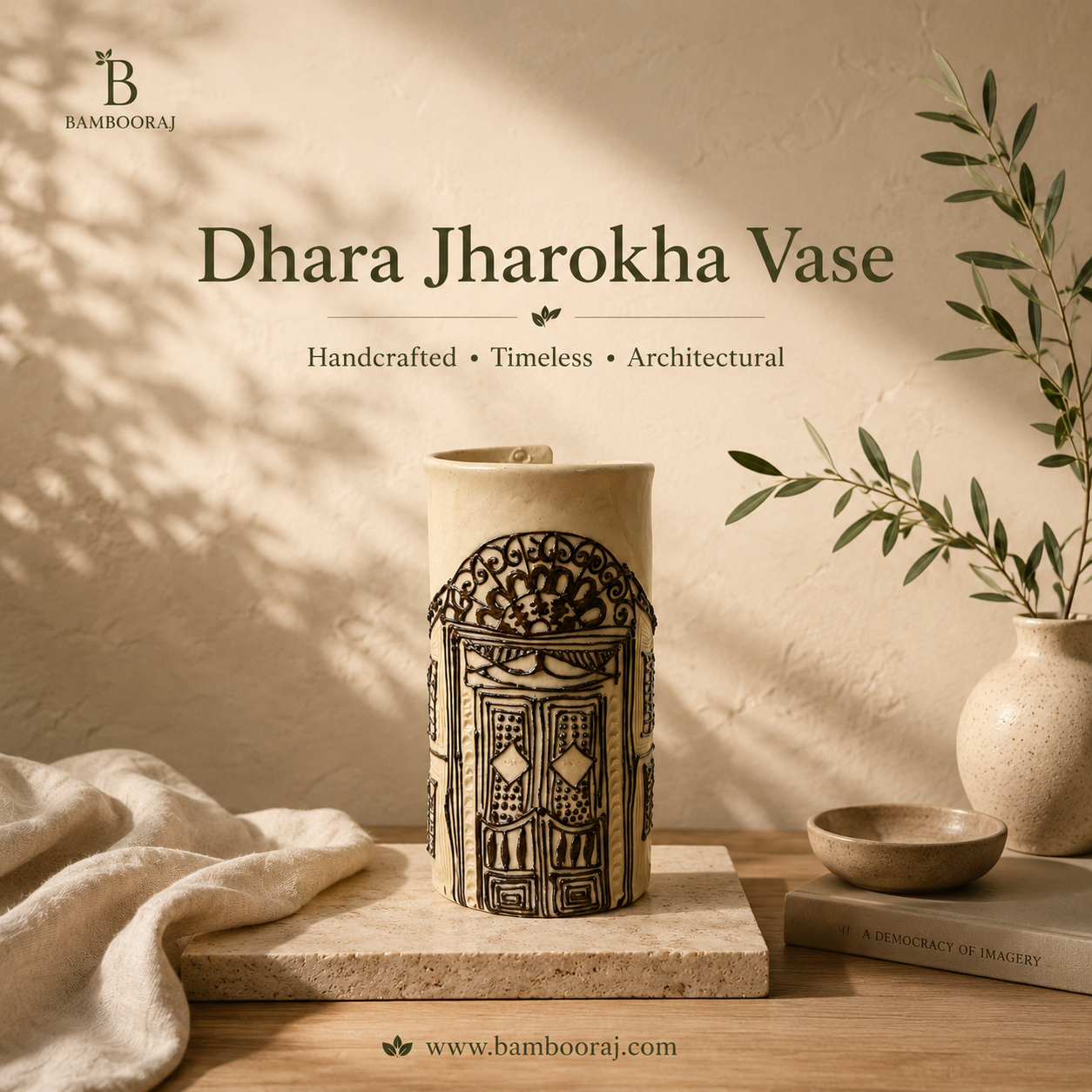 Jharokha Ceramic Vase | Handmade Architectural Vase | Artisan Sustainable Decor | Bambooraj