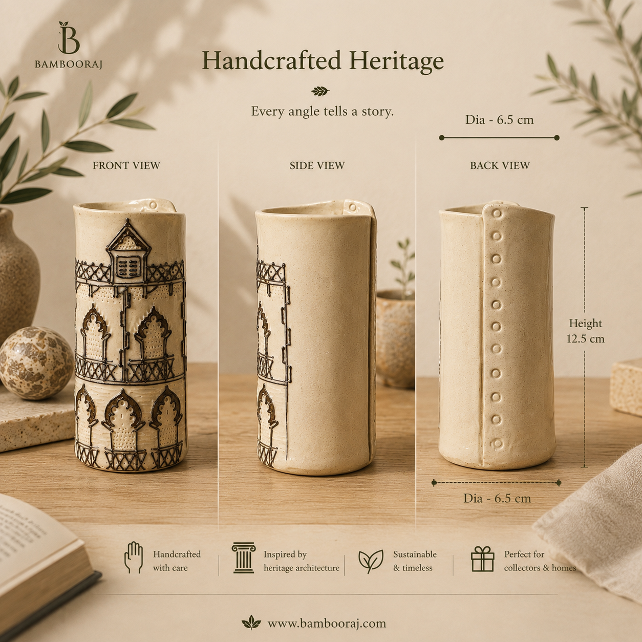 Neoclassical Ceramic Vase | Handmade Slip-Trailed Architectural  | Sustainable Home Décor | Bambooraj
