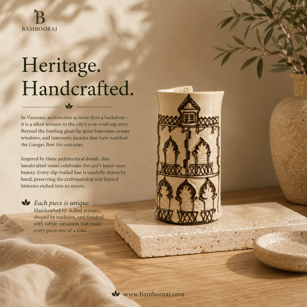 Neoclassical Ceramic Vase | Handmade Slip-Trailed Architectural  | Sustainable Home Décor | Bambooraj