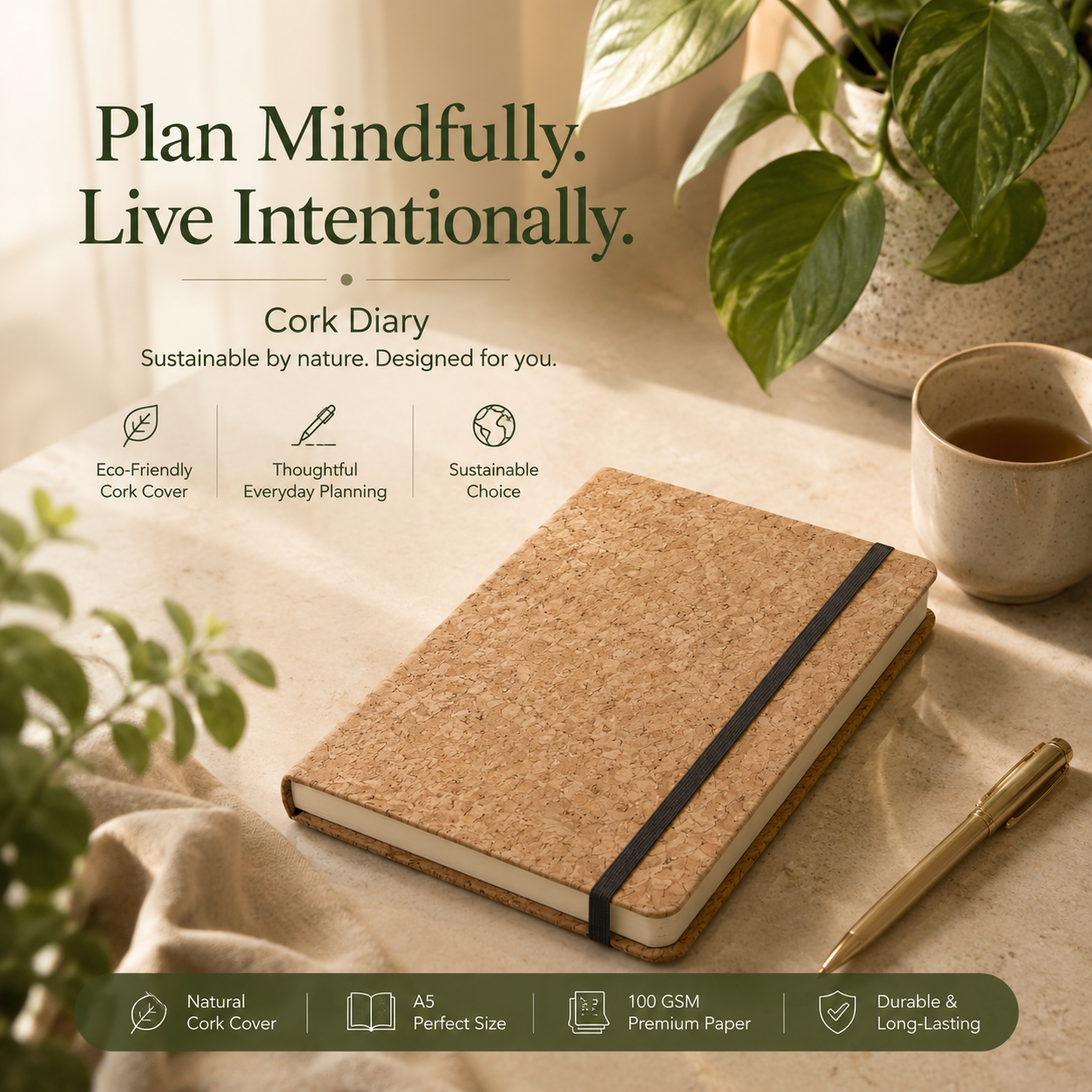 Cork Diary | A5 Eco-Friendly Planner | 160 Pages | Stylish and Sustainable Design