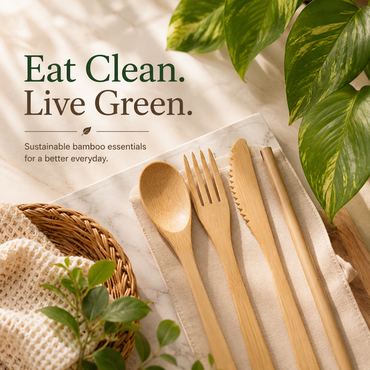 Bamboo Cutlery Set | Reusable &  Travel-Friendly | Sustainable Spoon, Fork, Knife & Straw in a Pouch