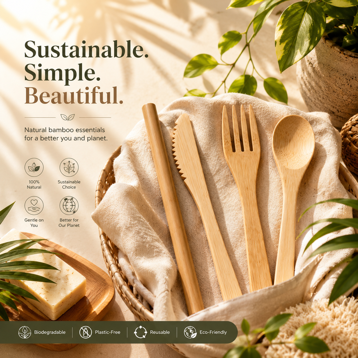 Bamboo Cutlery Set | Reusable &  Travel-Friendly | Sustainable Spoon, Fork, Knife & Straw in a Pouch