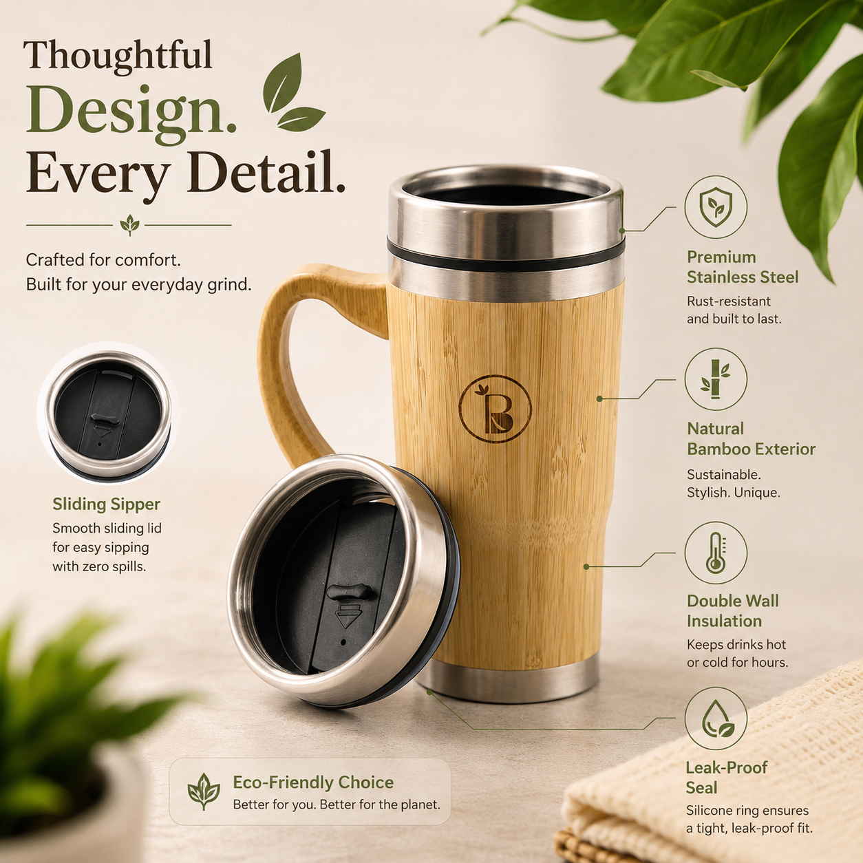 Bamboo CEO Mug with Handle & Lid | Eco-friendly Sipper | Sustainable Travel Companion