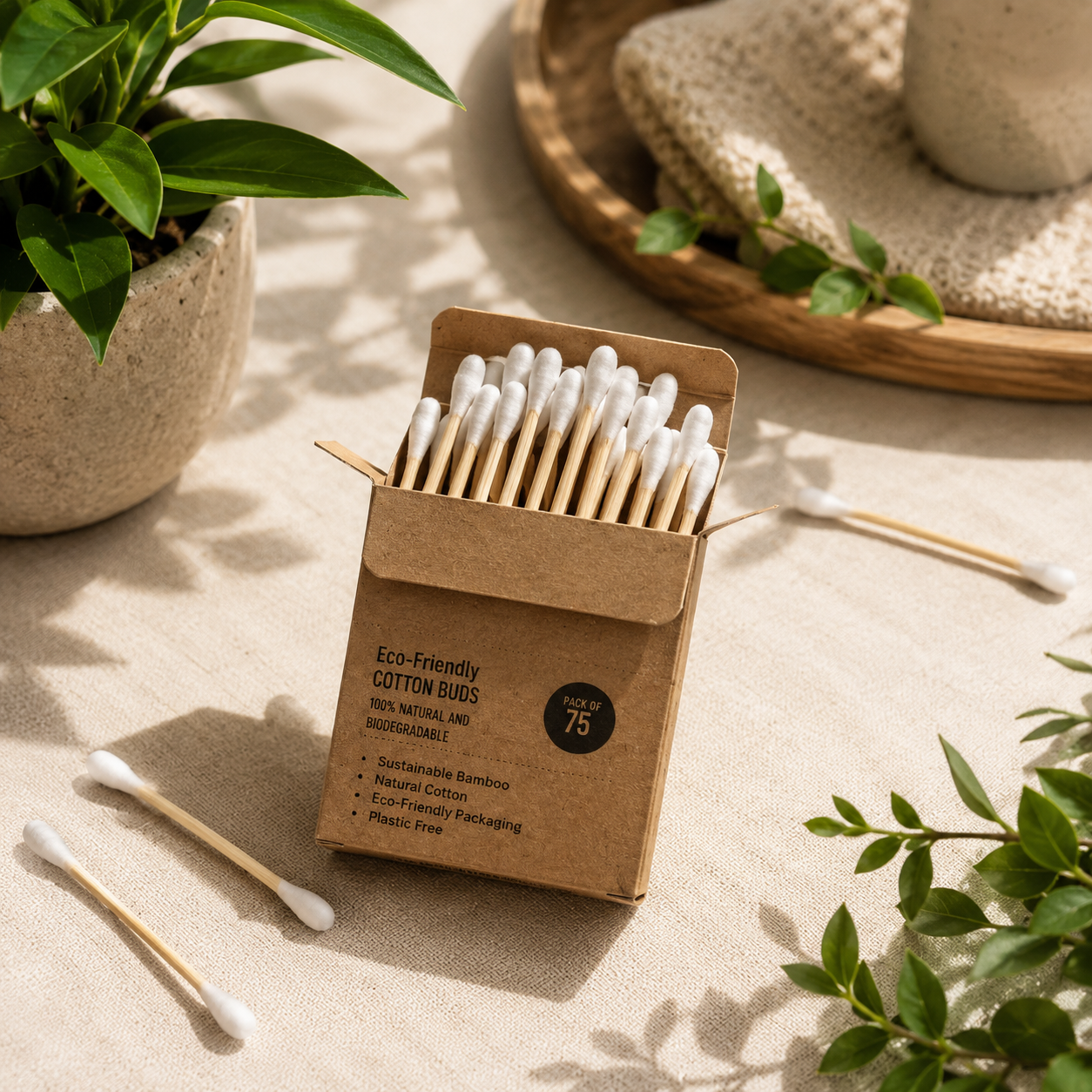 Bamboo Cotton Buds| Eco-Friendly Cotton Swabs| Soft and Gentle Earbuds | Sustainable Pack of 75