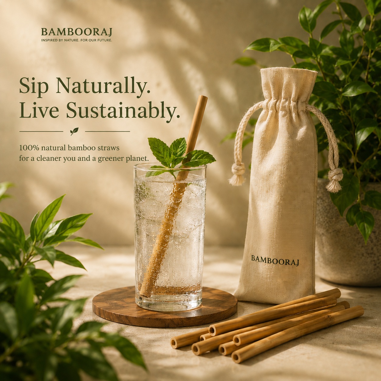 Bamboo Straws | Natural Straws | Sustainable & Reusable Drinking Straw for Eco-Friendly Living | Set of 6