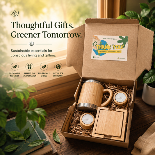 Sustainable Bamboo Gift Set – Mug, Coasters & Candle Holders | Gift Hamper
