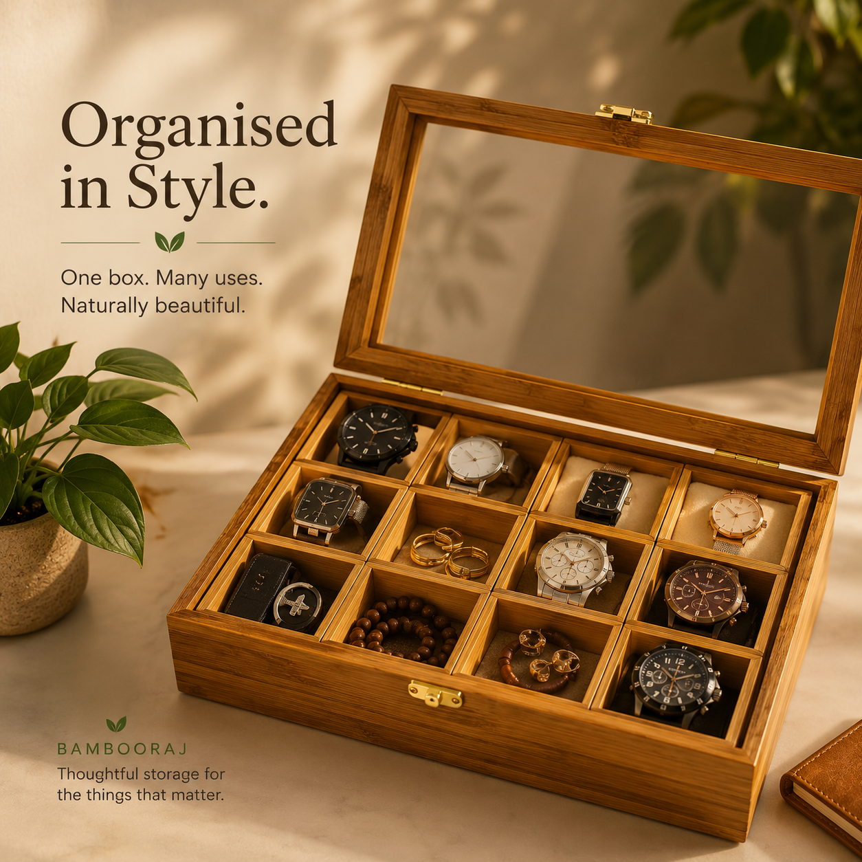 Bamboo Multipurpose Box – Elegant Jewellry, Watch, and Storage Organiser
