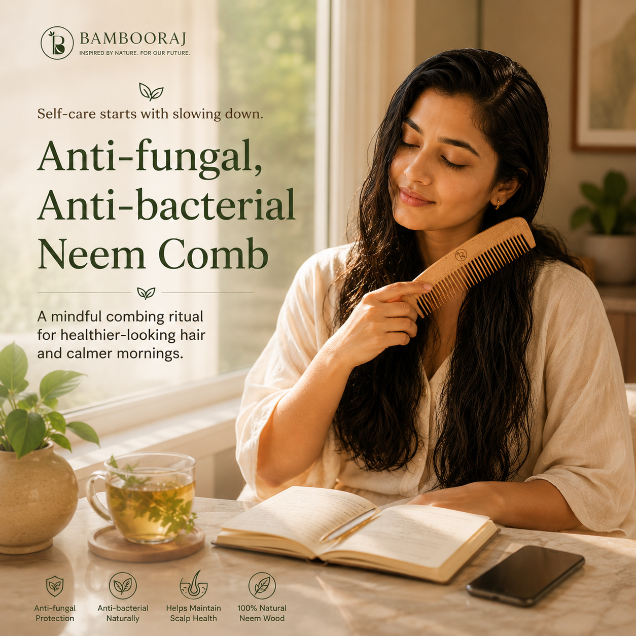 Neem Dual Lily Comb | Anti-Dandruff & Anti-Frizz Haircare | Dual Comb | Bambooraj
