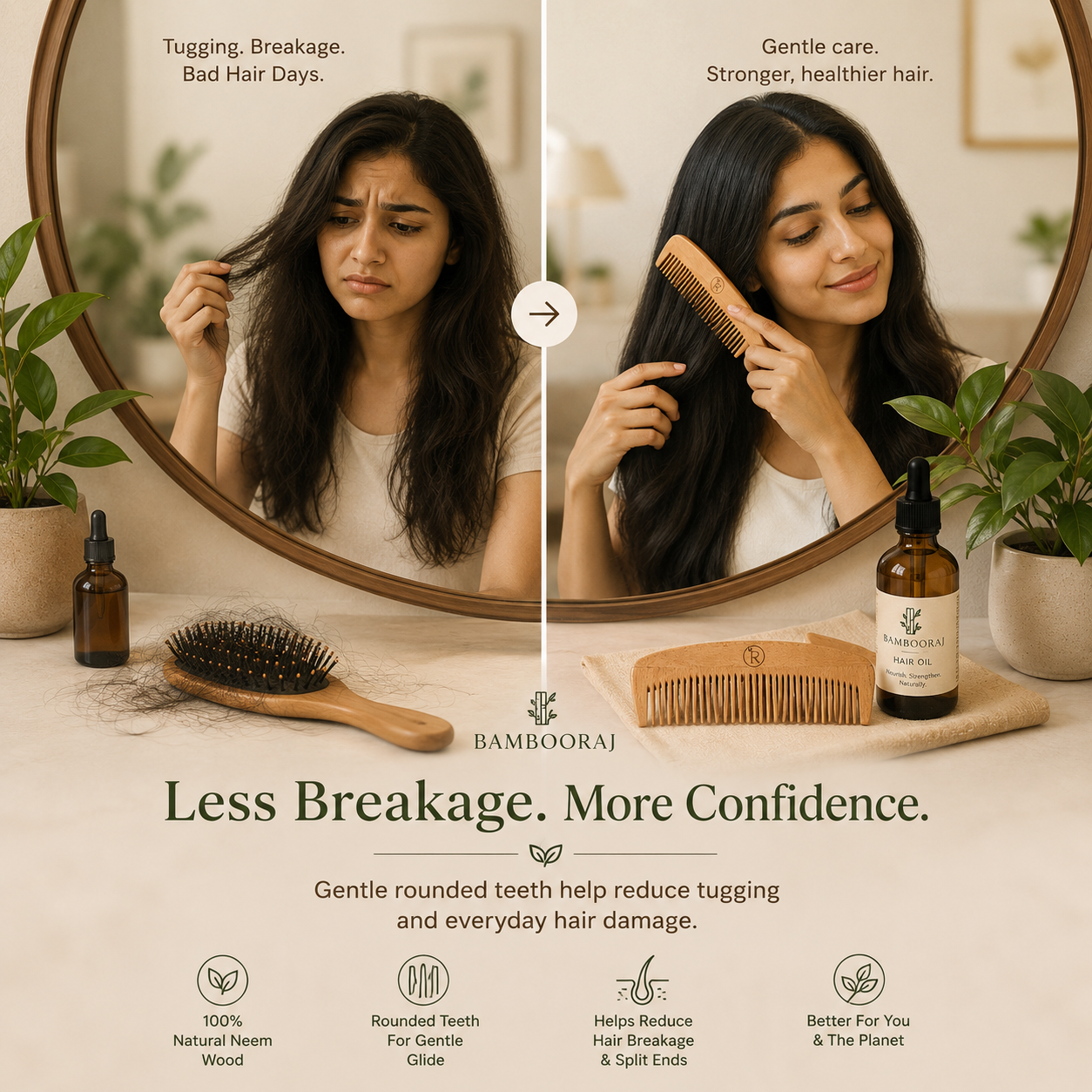 Neem Dual Lily Comb | Anti-Dandruff & Anti-Frizz Haircare | Dual Comb | Bambooraj