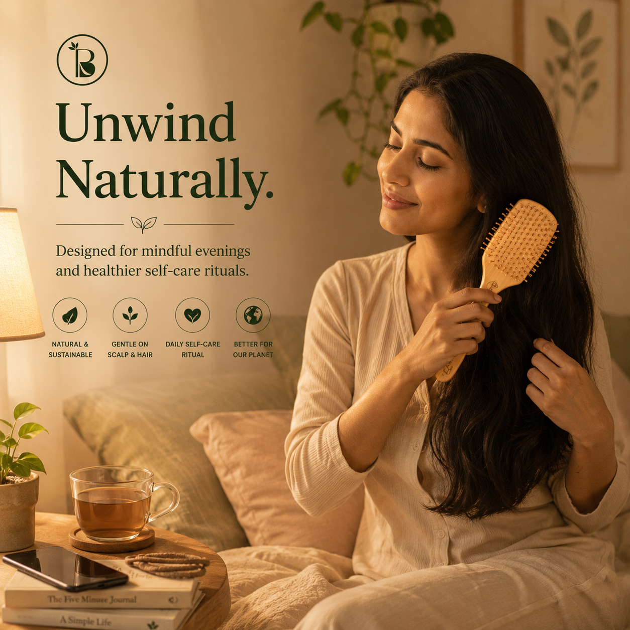 Organic Bamboo Hairbrush| Eco-Friendly Bamboo Paddle Hairbrush | Sustainable & Gentle Hair Care