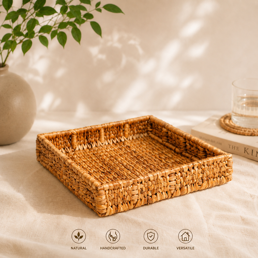 Handwoven Water Hyacinth Square Tray | Eco-Friendly Home & Hospitality Décor