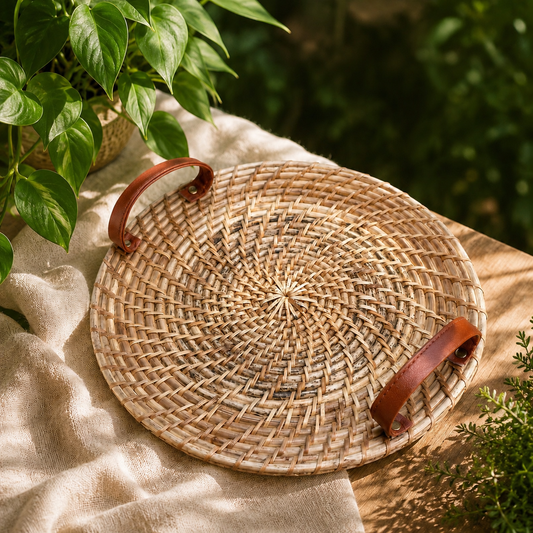 Rustic Luxe Tray | Handwoven Round Serving Tray with Handles | Sustainable Decorative Tray by Bambooraj