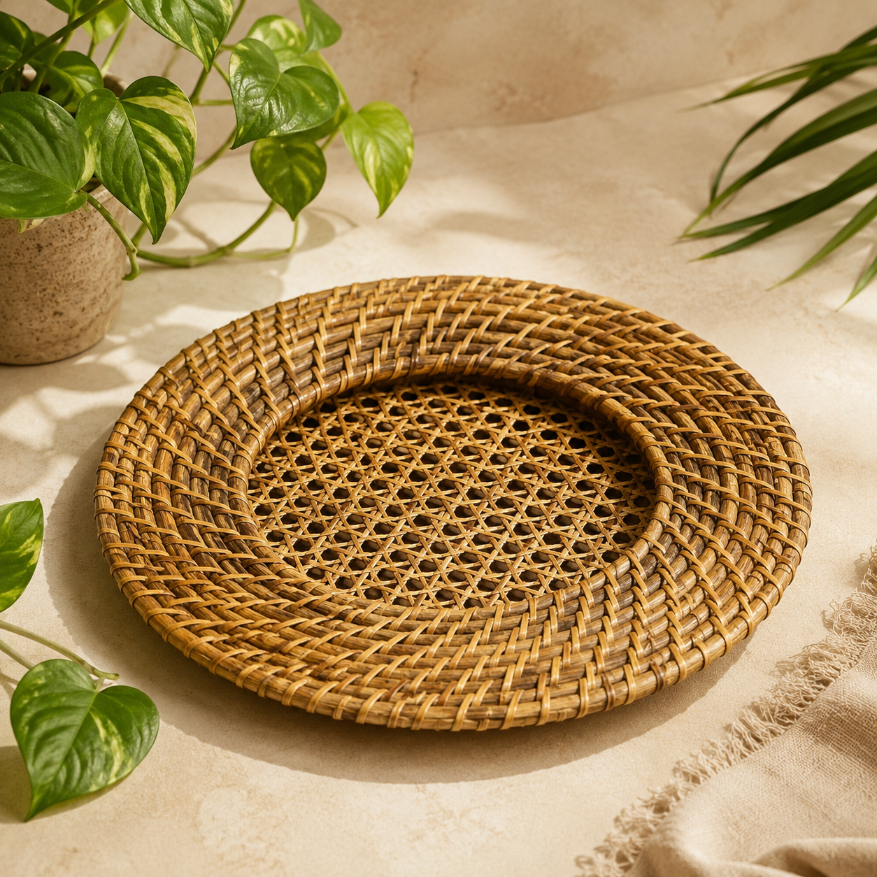 Aura Charger Tray | Cane Serving Tray | Round Decorative Plate | Gemstones charger plate by Bambooraj