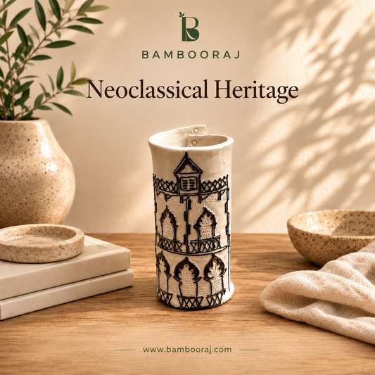 Neoclassical Ceramic Vase | Handmade Slip-Trailed Architectural  | Sustainable Home Décor | Bambooraj