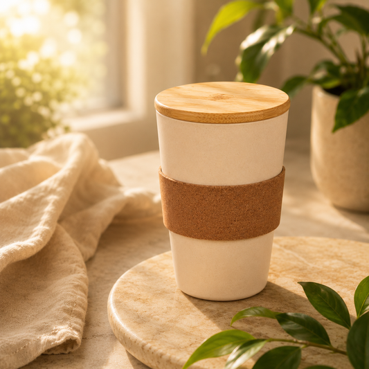 Eco-Friendly Wheat Fiber Mug 350 ml | Bamboo Lid & Cork Grip | Reusable & Plastic-Free