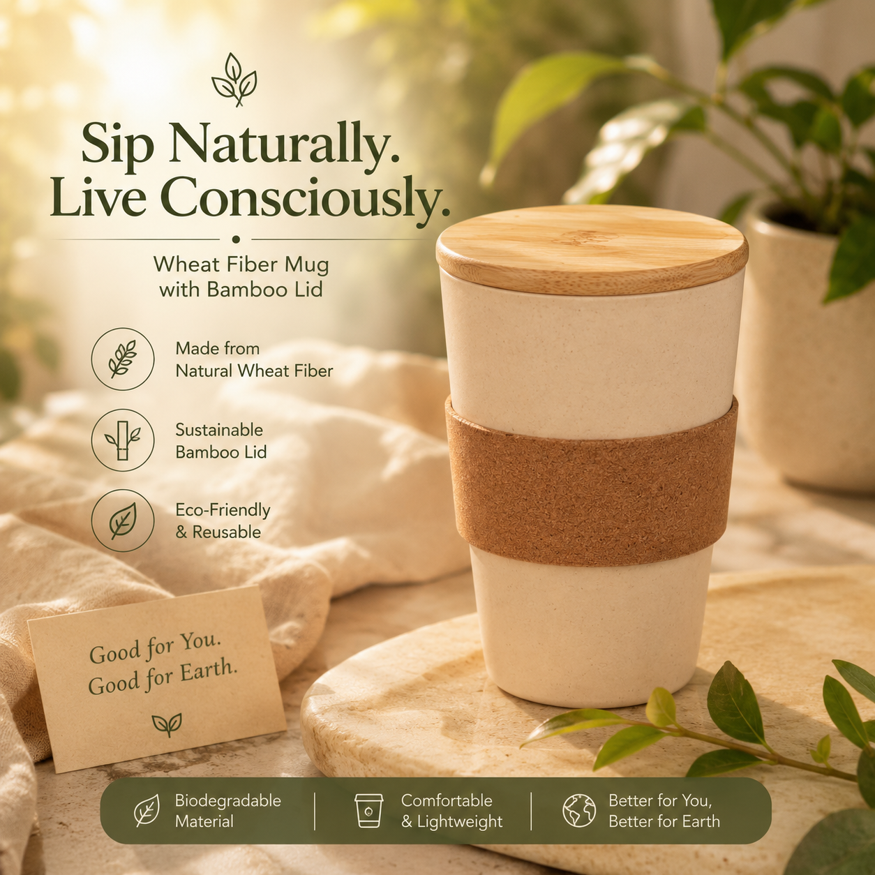 Eco-Friendly Wheat Fiber Mug 350 ml | Bamboo Lid & Cork Grip | Reusable & Plastic-Free