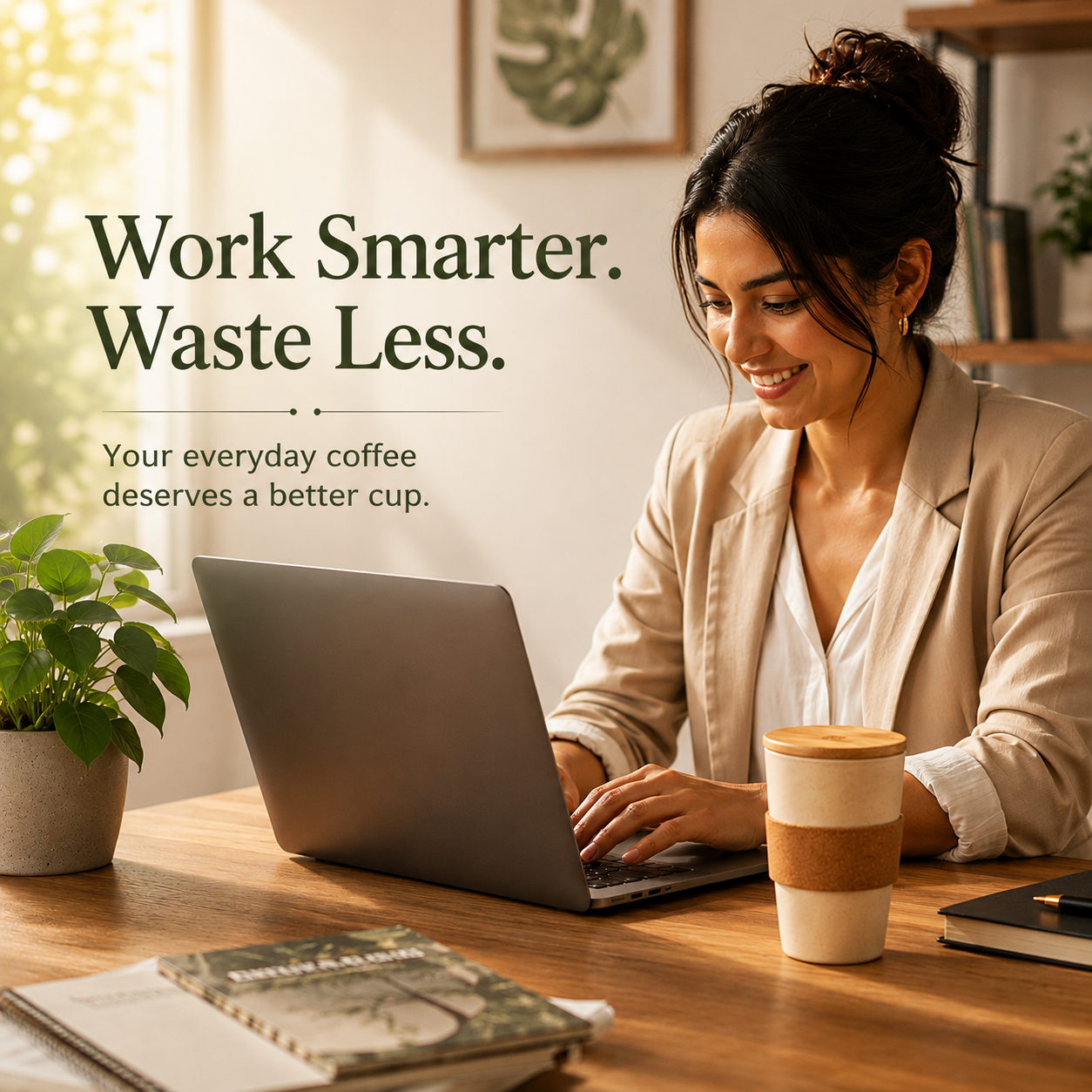 Eco-Friendly Wheat Fiber Mug 350 ml | Bamboo Lid & Cork Grip | Reusable & Plastic-Free