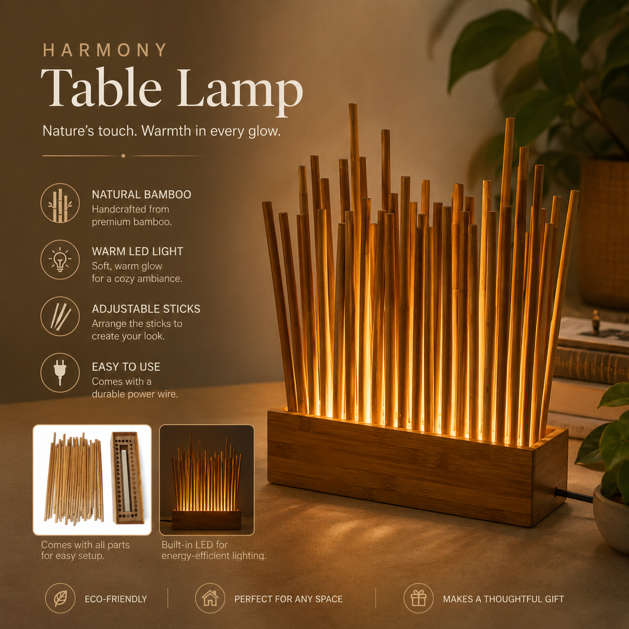 Harmony Light | Bamboo Round Stick with LED |Natural Lamp for Home, Office Décor | Modern Lighting