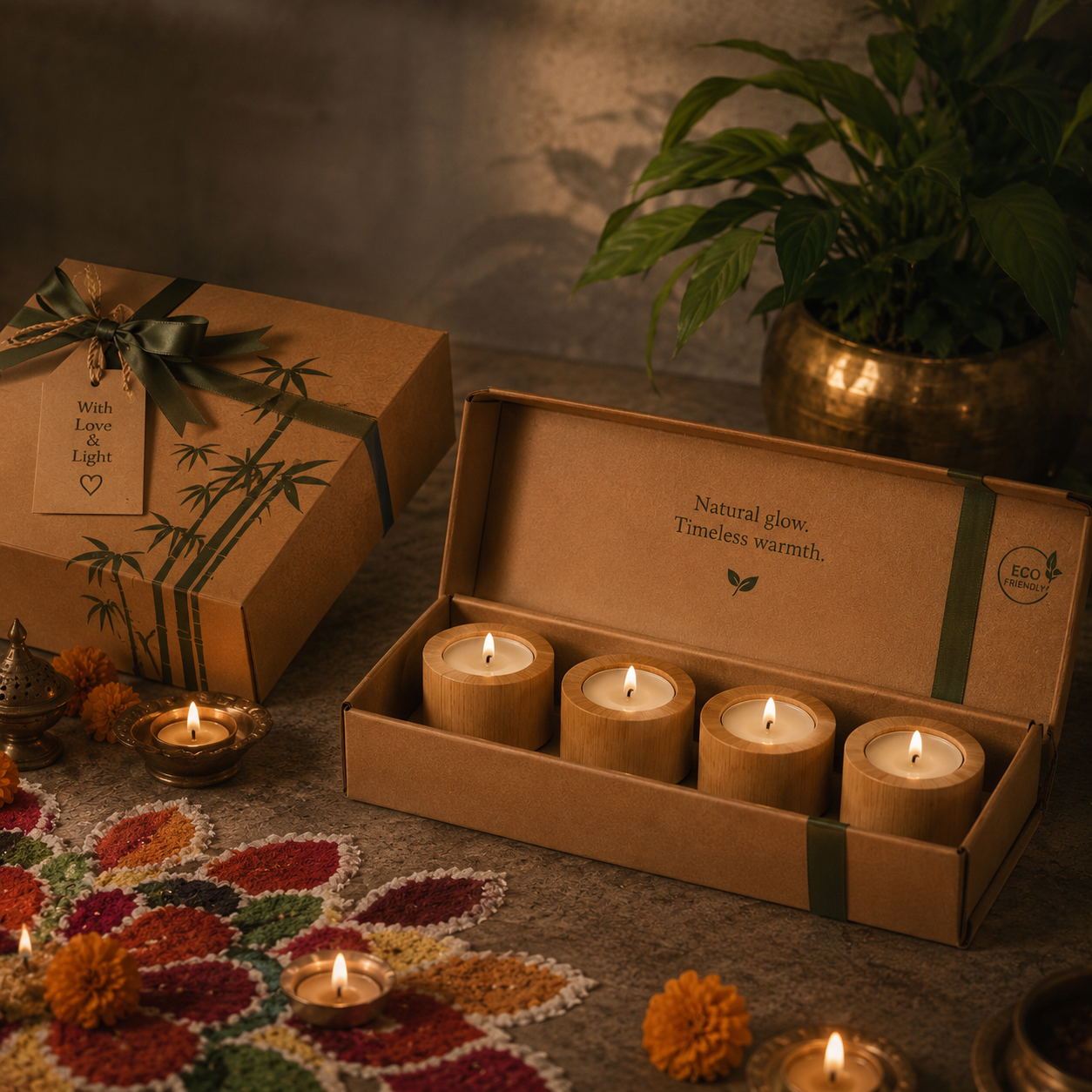 Eco Bamboo Hamper | 1 Diary + Pen 1 Amplifier, 2 Tealight Candle Holders