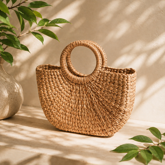 Dhara Tote Handbag | Handwoven Water Hyacinth Bag with Cane Handle | Eco-Friendly Decor