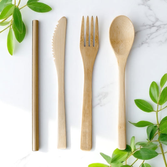 Bamboo Cutlery Set | Reusable &  Travel-Friendly | Sustainable Spoon, Fork, Knife & Straw in a Pouch