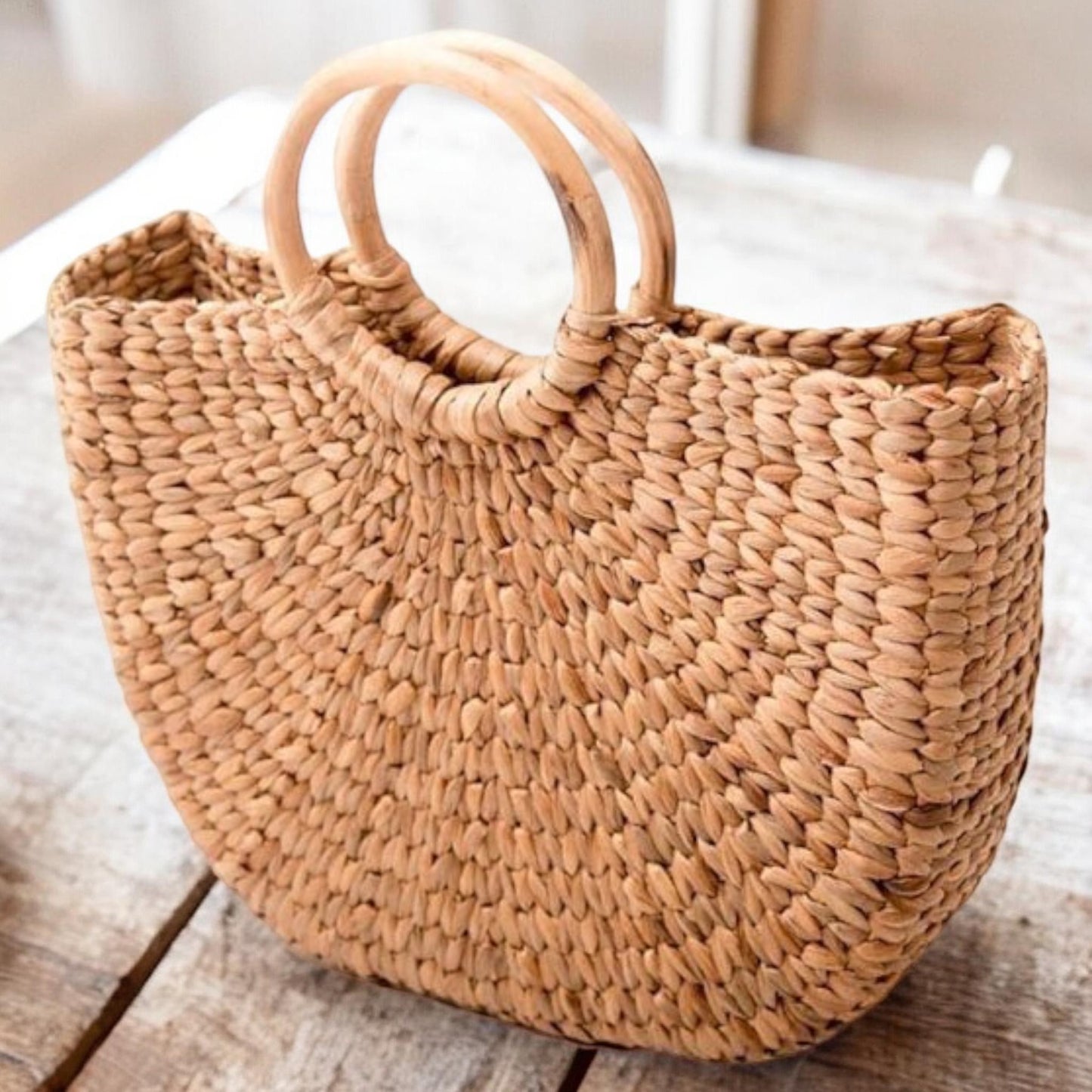 Dhara Tote Handbag | Handwoven Water Hyacinth Bag with Cane Handle | Eco-Friendly Decor