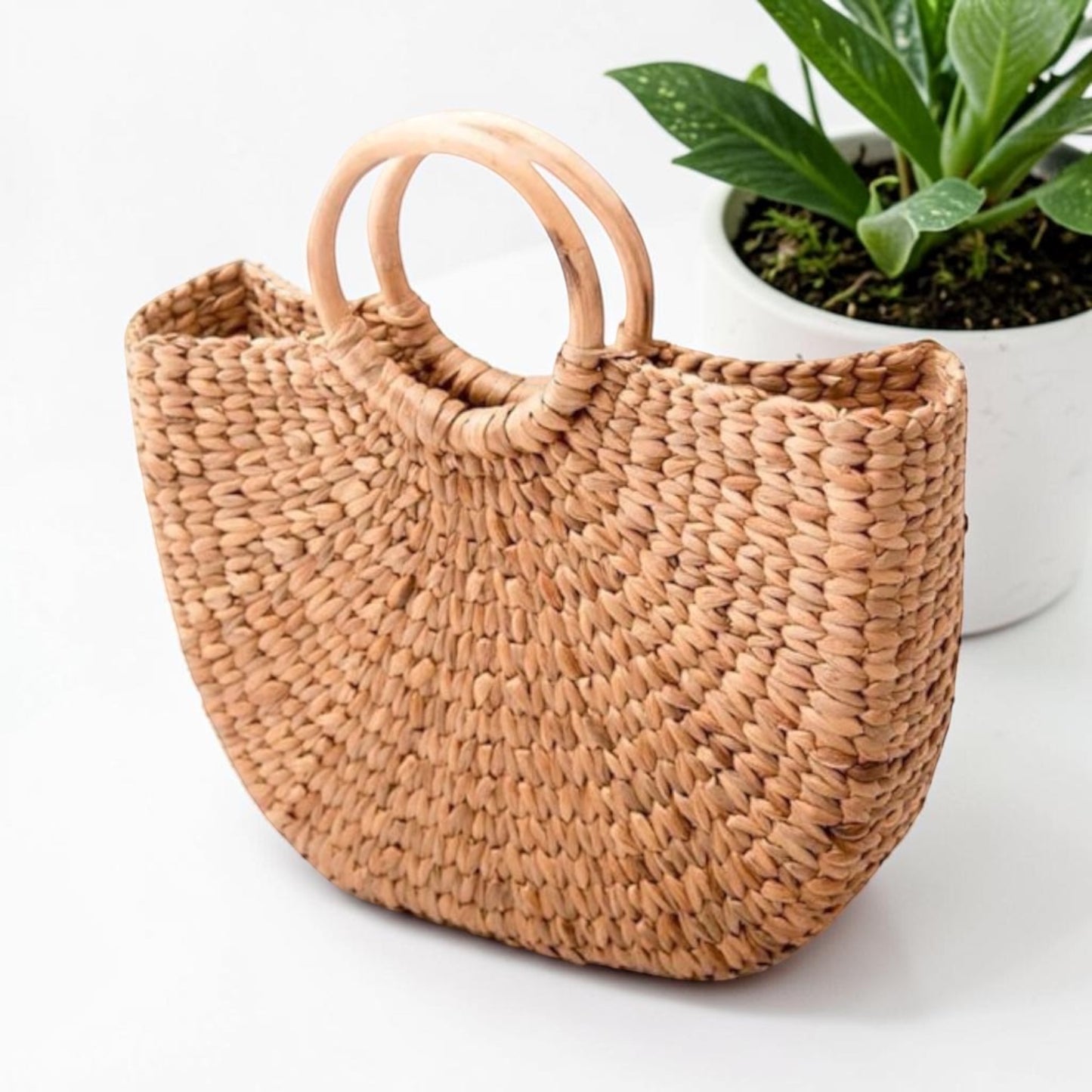Dhara Tote Handbag | Handwoven Water Hyacinth Bag with Cane Handle | Eco-Friendly Decor