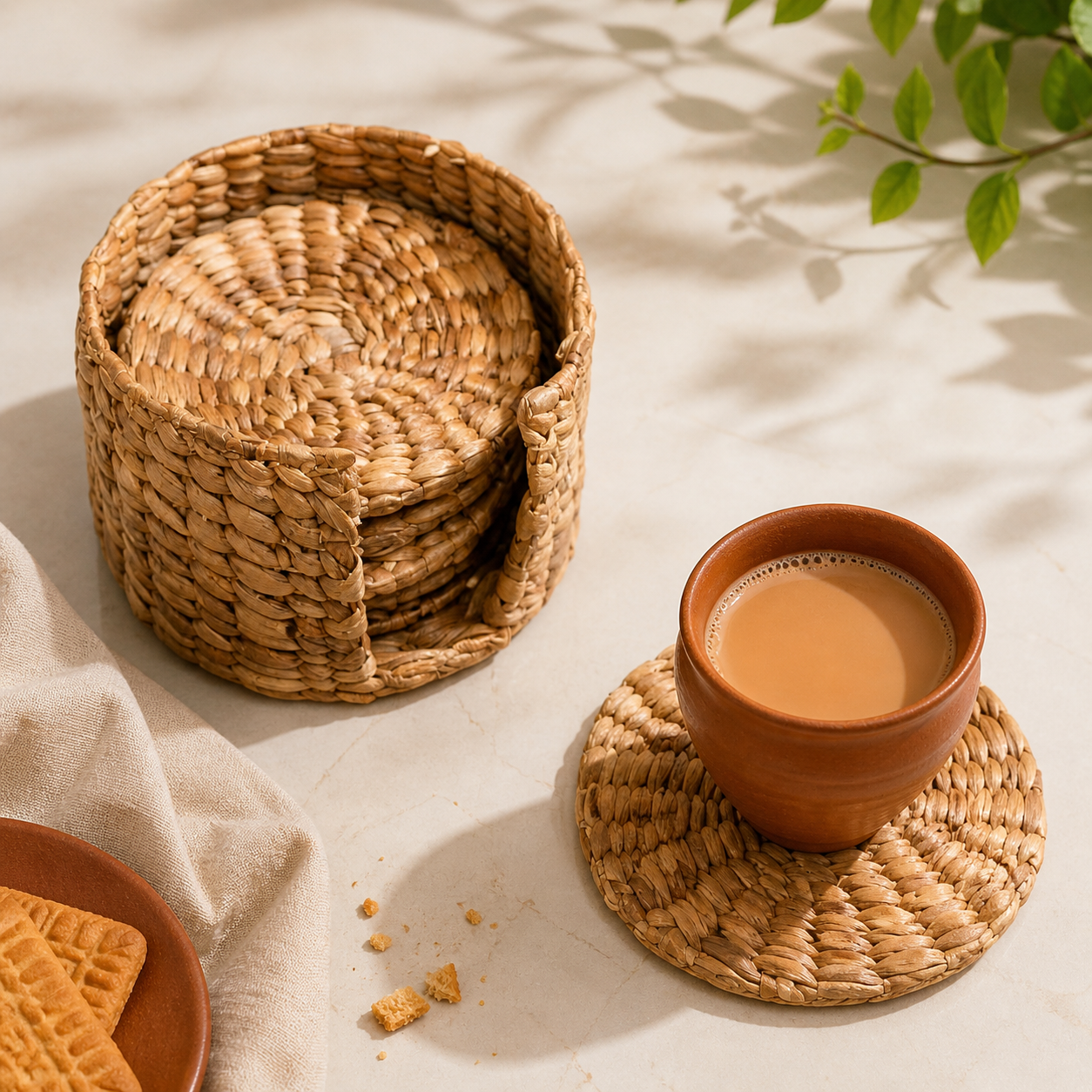 Dhara Coaster Set of 6 with Holder(10 cm) | Eco-Friendly Utility |  Home Decor | Sustainable Tableware